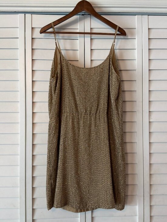 Aryn K Dresses & Skirts - Aryn K Tan Beaded Sequin Spaghetti Strap Cocktail Dress - Size S